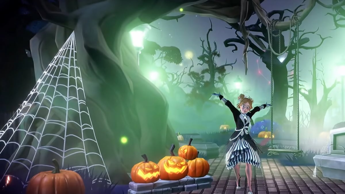 Player standing in spooky forest with haunting elegance star path items in disney dreamlight valley