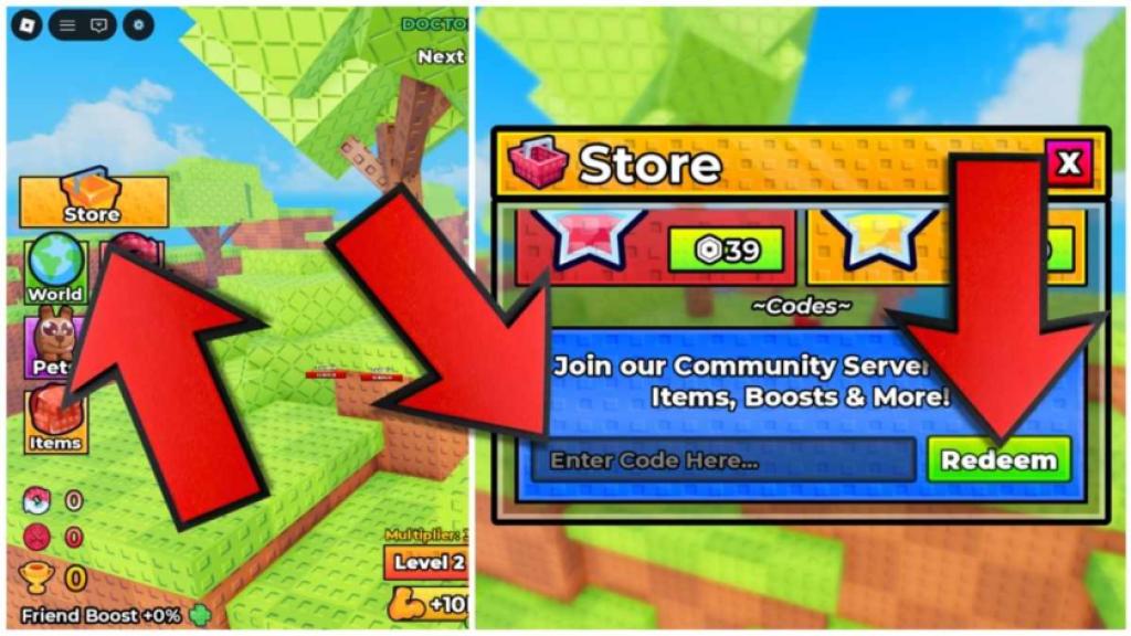+1 Superhero Evolution codes redemption guide showing the Store button, code entry field, and Redeem button highlighted with red arrows.