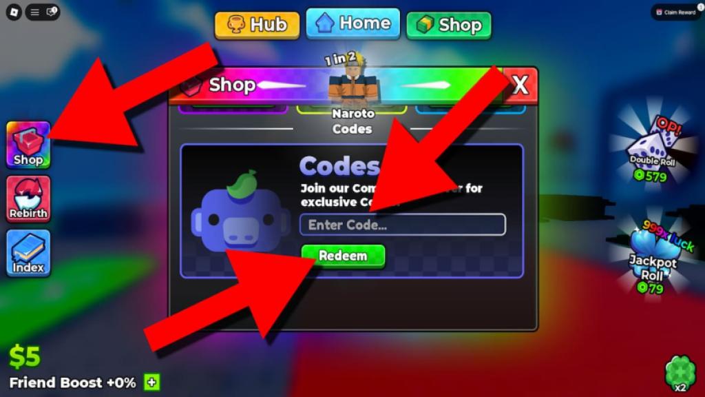 Anime Dice codes redemption screen showing the Shop button, code entry field, and Redeem button highlighted with red arrows.
