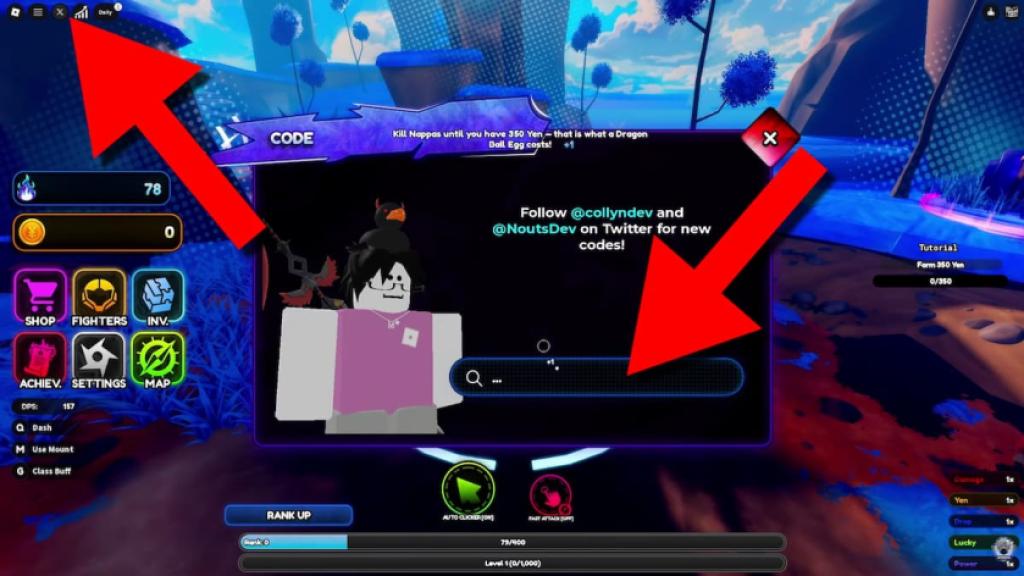 Anime Heaven codes redemption screen showing the Code button and code entry field highlighted with red arrows.
