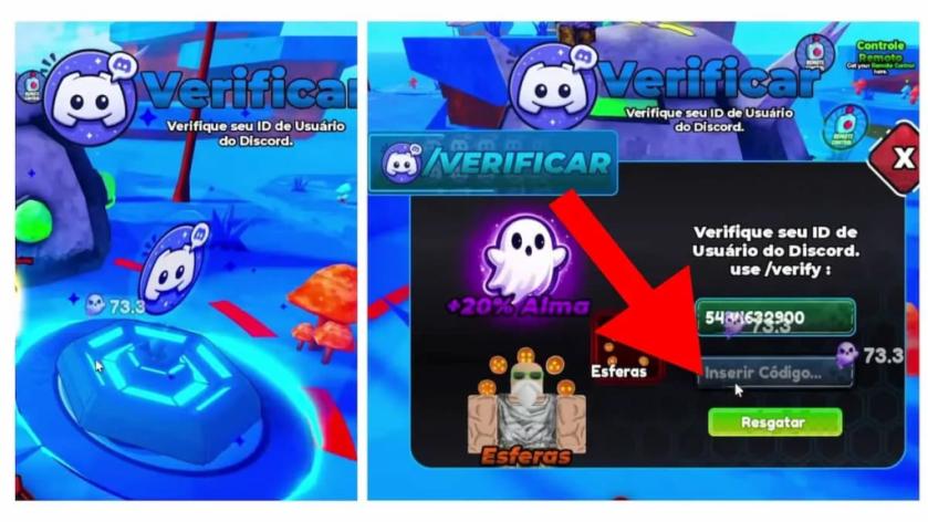 Anime Soulborn codes redemption screen showing the Discord verification area and code entry field highlighted with a red arrow.