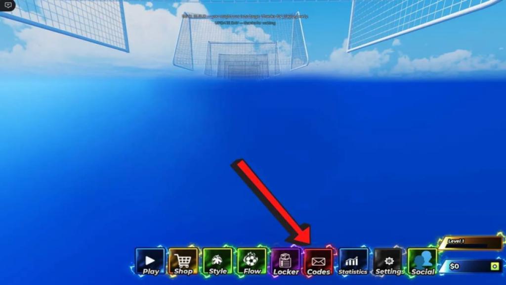 BloxLock game screenshot showing the bottom menu bar, with a red arrow pointing to the Codes button used to open the code redemption menu.