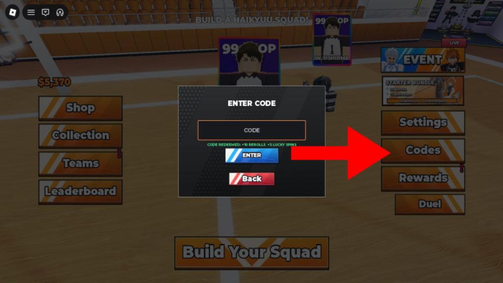 How to redeem codes in Build A Volleyball Squad.