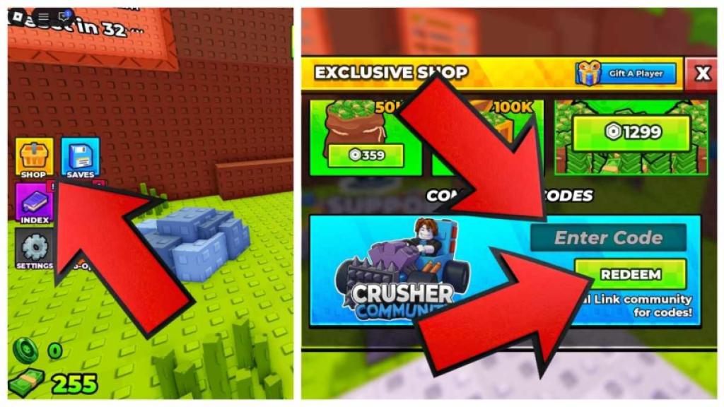 Build and Kill Zombies codes redemption guide showing the Shop button, code entry field, and Redeem button highlighted with red arrows.
