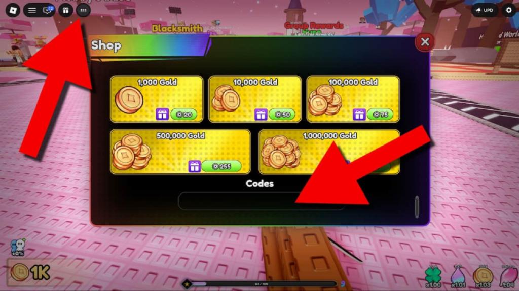 Defeat Anime RNG codes redemption screen showing the Shop button and code entry field highlighted with red arrows.