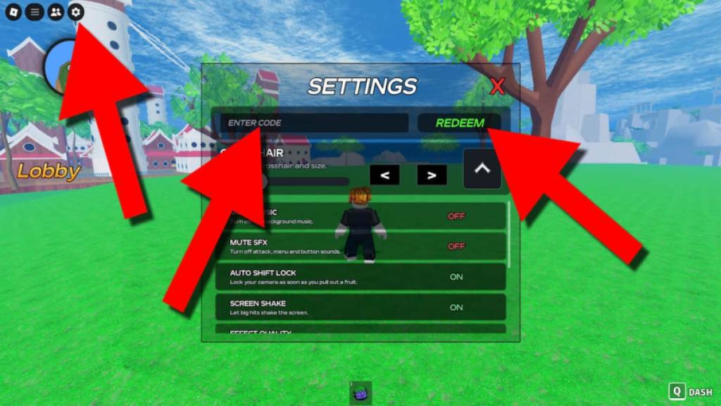 Devil Fruit Arena codes redemption screen showing the Settings button, code entry field, and Redeem button highlighted with red directional arrows.