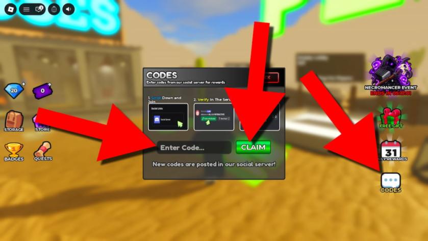 Dig to Survive codes redemption screen showing the Codes button, code entry field, and Claim button highlighted with red arrows.