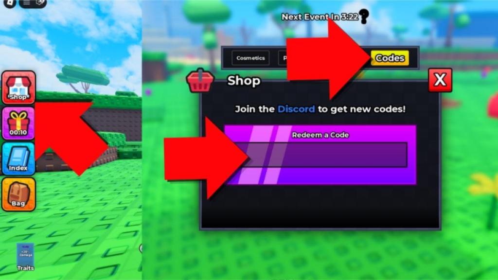 Evolve and Survive codes redemption screen showing the Shop button, Codes tab, and code entry field highlighted with red arrows.