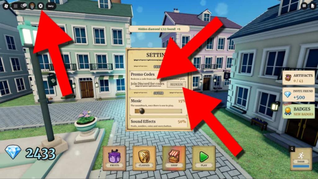 Fruit Zombie Survival codes redemption screen showing the Settings button, Promo Codes field, and Redeem button highlighted with red arrows.