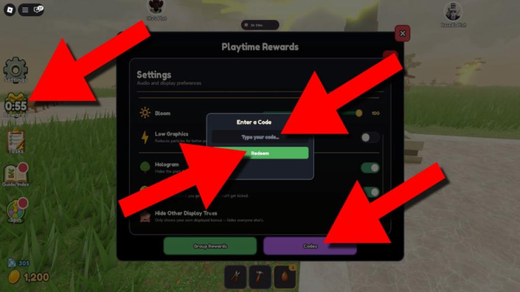 Grow a Bonsai codes redemption screen showing the Rewards button, Codes tab, code entry field, and Redeem button highlighted with red arrows.