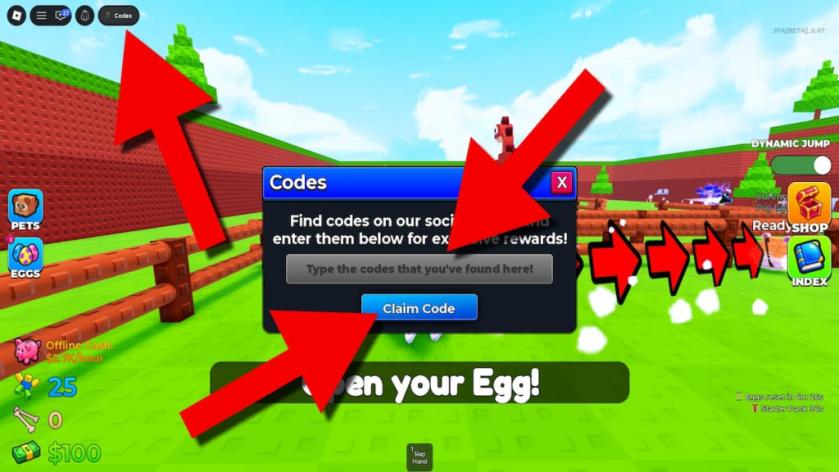 Jump for Animals game screenshot showing the Codes menu, with red arrows pointing to the Codes button, code entry field, and Claim Code button.