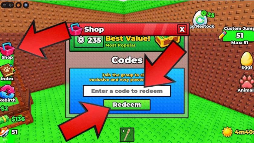 Jump To Steal An Egg game screenshot showing the Shop menu’s Codes section, with red arrows pointing to the Shop button, code entry field, and Redeem button.