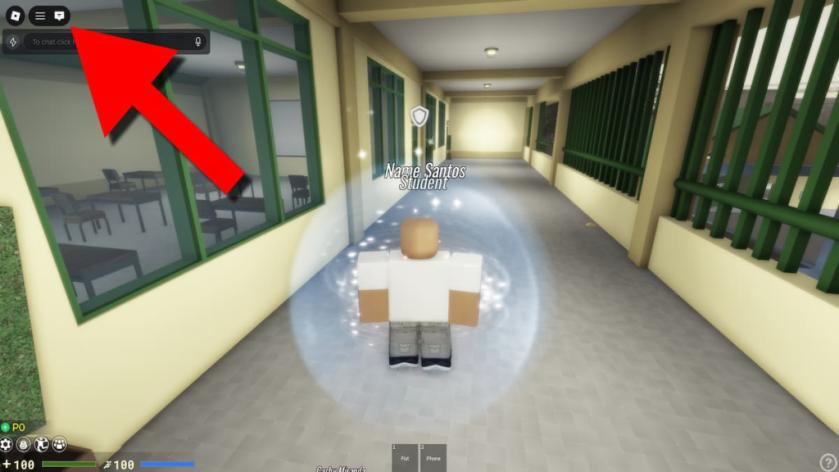 KLASE codes redemption screenshot showing a Roblox character in a school hallway, with the chat box highlighted by a red arrow.