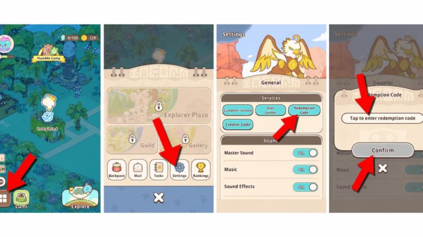 Lumi Master game screenshots showing how to redeem codes, with red arrows pointing to the Menu button, Settings, Redemption Code option, code entry field, and Confirm button.