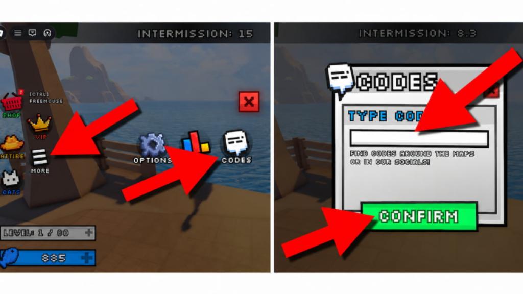 Meow Madness game screenshots showing how to redeem codes, with red arrows pointing to the More menu, Codes button, code entry field, and Confirm button.