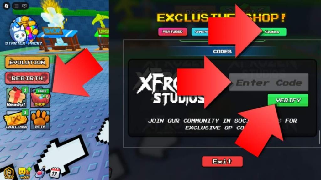 Merge and Dig Simulator codes redemption screen showing the Shop button, Codes tab, code entry field, and Verify button highlighted with red arrows.
