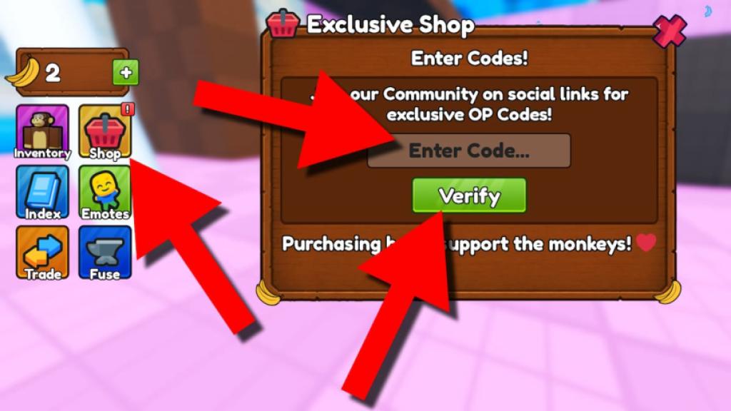 Monkey Bomb Tag codes redemption screen showing the Shop button, code entry field, and Verify button highlighted with red arrows.