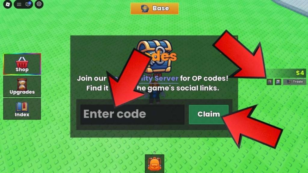 My Anime Mine game screenshot showing the Codes menu, with red arrows pointing to the code entry field, Trade button, and Claim button.