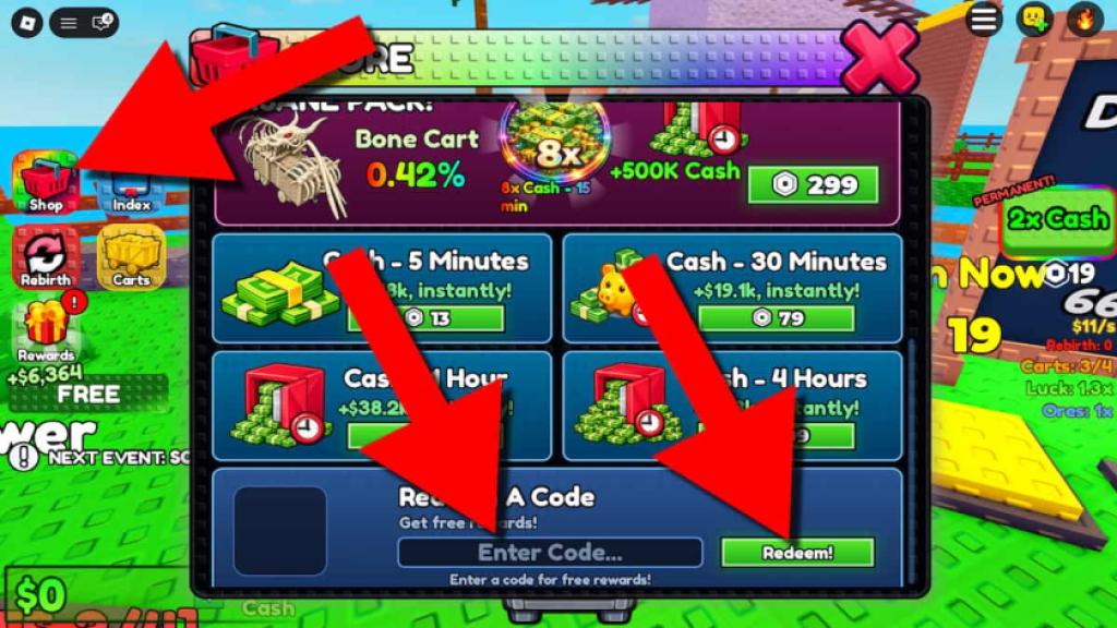 My Lucky Train codes redemption screen showing the Shop button, code entry field, and Redeem button highlighted with red arrows.