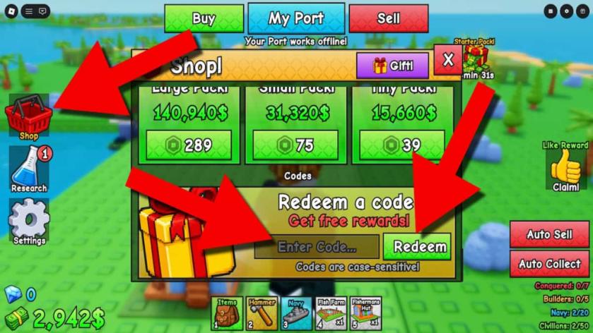 Navy War codes redemption screen showing the Shop button, code entry field, and Redeem button highlighted with red arrows.