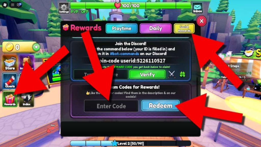 Poly Loot game screenshot showing the Rewards menu’s Social Rewards tab, with red arrows pointing to the Rewards button, code entry field, and Redeem button.
