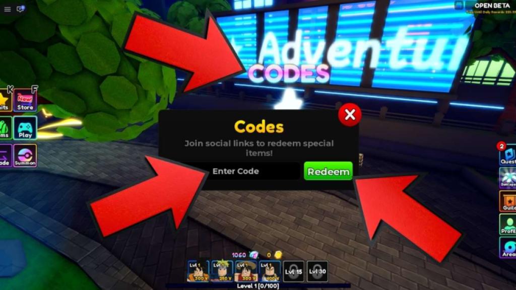 Re://Adventures game screenshot showing the Codes menu, with red arrows pointing to the code entry field and Redeem button.