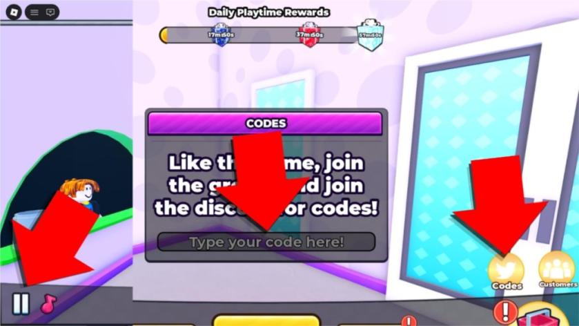 Run a Freezeria codes redemption screen showing the Codes button and code entry field highlighted with red arrows.