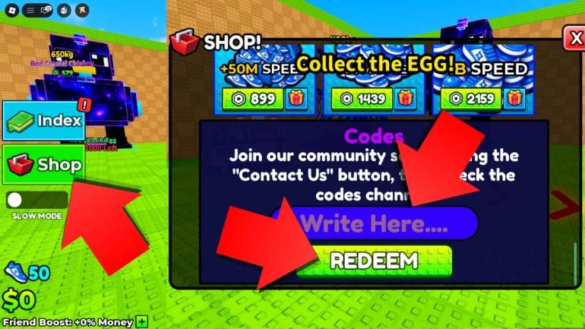 Steal a Chicken codes redemption screen showing the Shop button, code entry field, and Redeem button highlighted with red arrows.