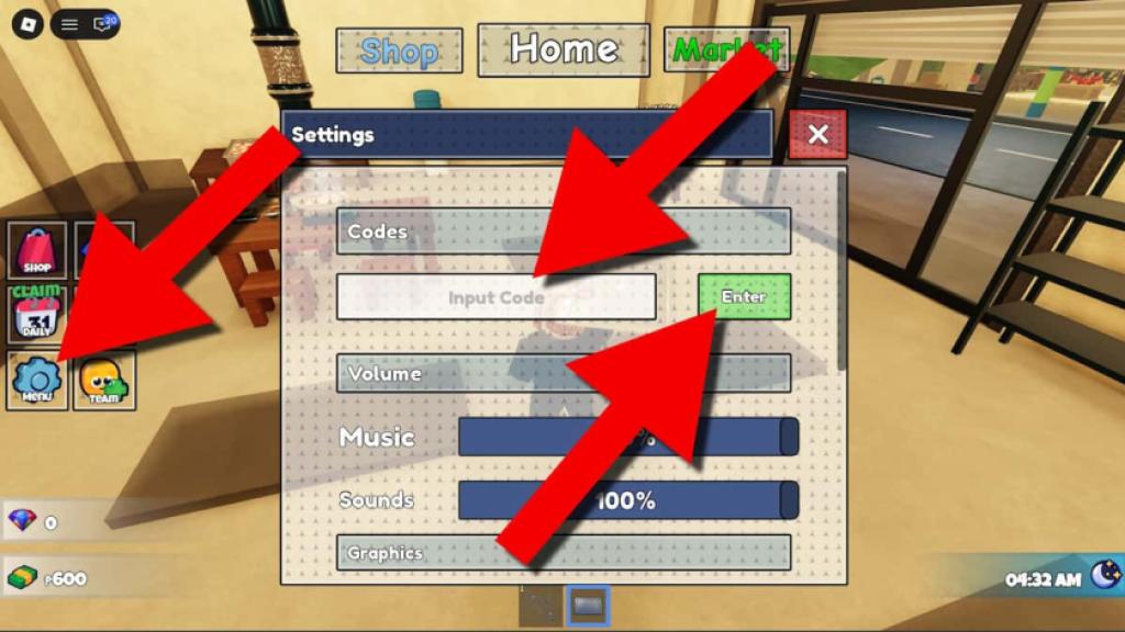 Tara Samgyup codes redemption screen showing the Menu button, code entry field, and Enter button highlighted with red arrows.