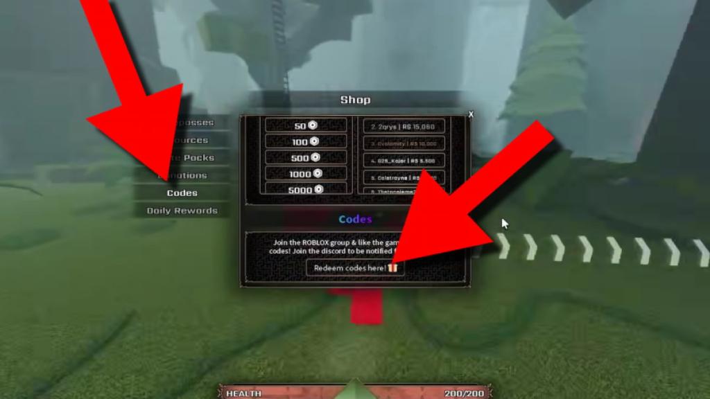 The Veil codes redemption screen showing the Codes tab and code entry field highlighted with red arrows.