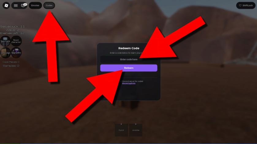 Titans Ultra Boss Rush codes redemption screen showing the Codes button, code entry field, and Redeem button highlighted with red arrows.