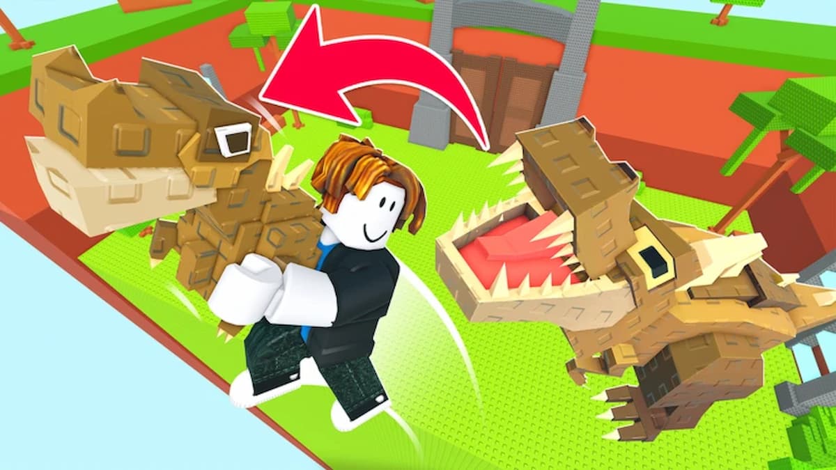 Jump for Animals game artwork showing a Roblox character jumping away from a large blocky dinosaur in a bright obstacle-course environment.