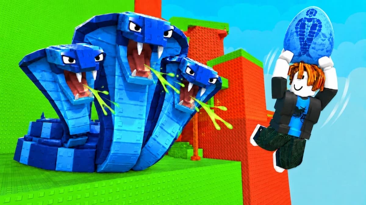 Jump To Steal An Egg game artwork showing a Roblox character escaping with a large blue egg while a three-headed blue cobra guards the platform behind them.