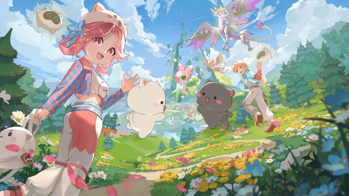 Lumi Master game artwork showing two explorers surrounded by colorful Lumi creatures in a bright flower-filled landscape beneath a blue sky.
