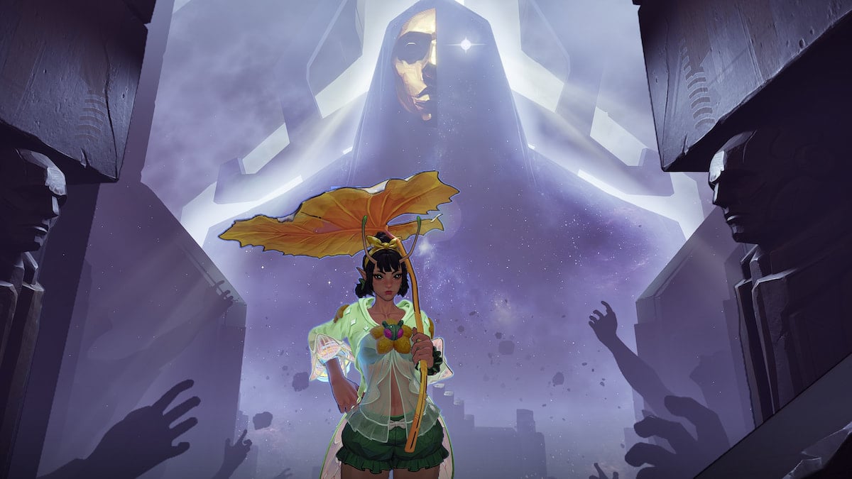 Mantis emoting in front of Eternity's Statue in the God Quarry in Marvel Rivals