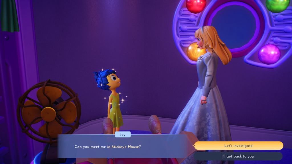 Joy asking to meet at mickey's in Disney Dreamlight Valley