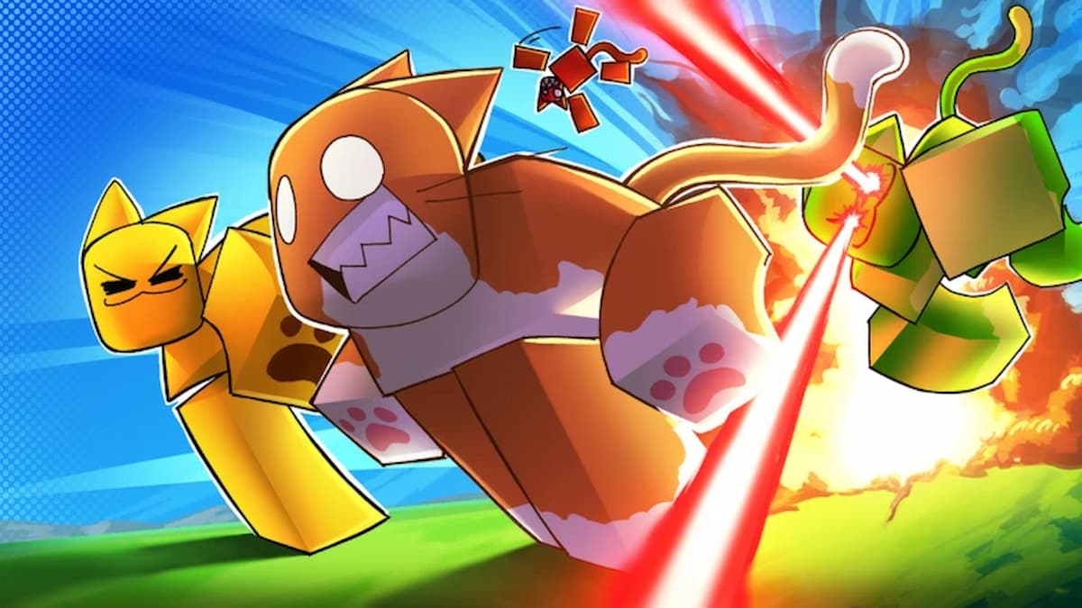 Meow Madness game artwork showing three cat-like Roblox characters battling as the central cat charges forward while another fires red laser beams in the background.