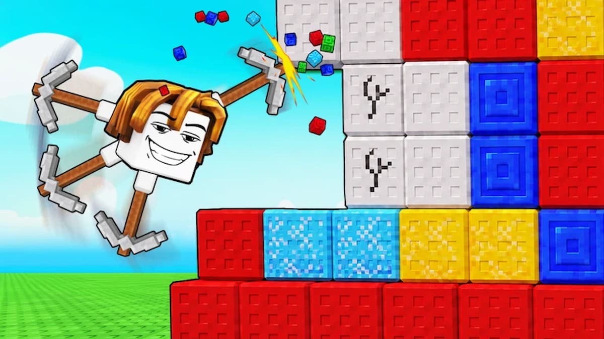 Merge and Dig Simulator featured image showing a Roblox character with multiple pickaxes breaking through stacks of colorful blocks.