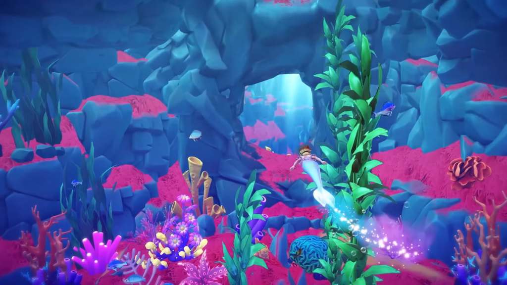 Player swimming underwater as a mermaid in disney dreamlight valley