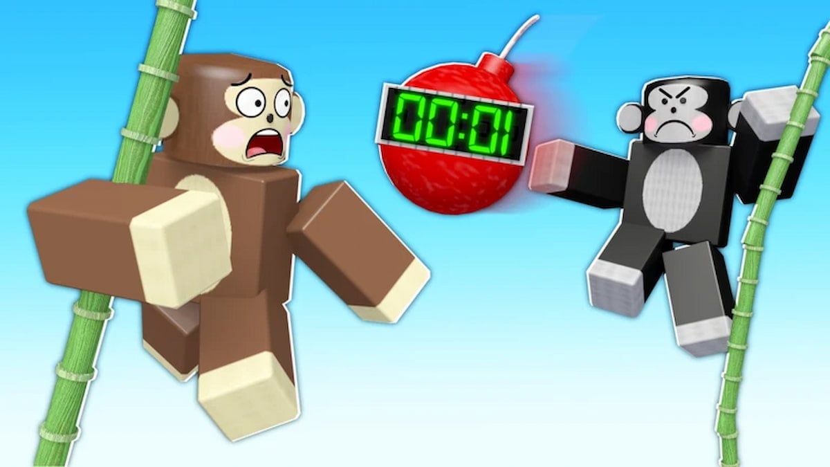 Monkey Bomb Tag featured image showing two Roblox monkeys swinging on bamboo beside a ticking bomb.