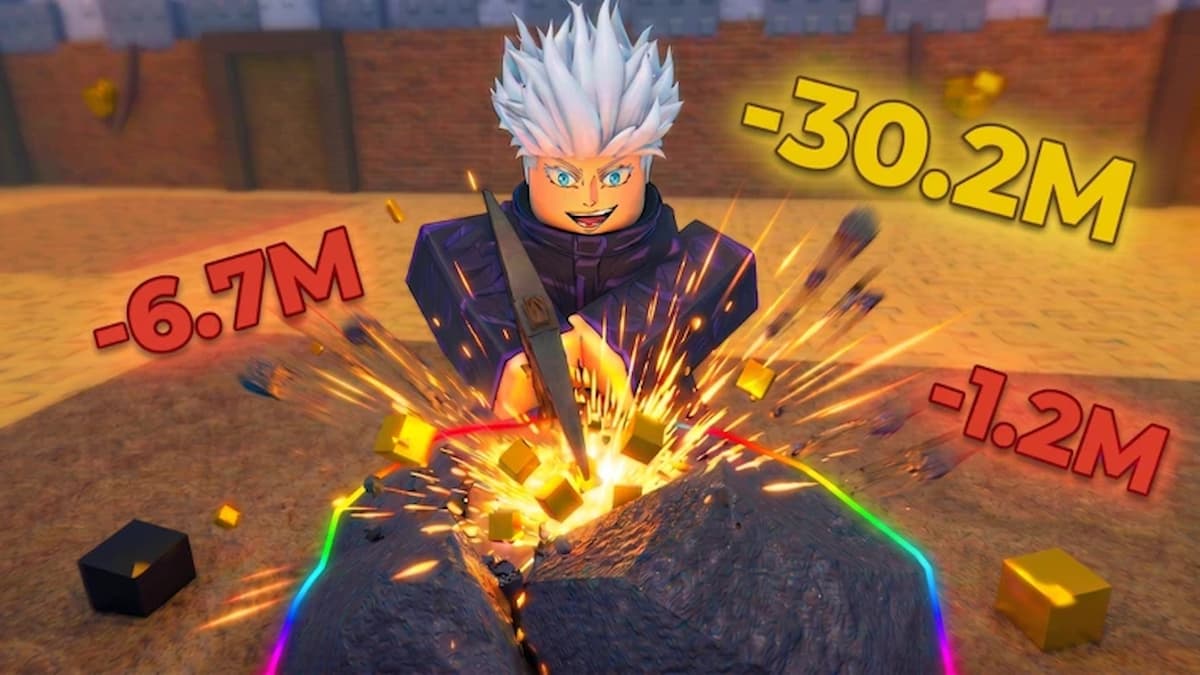 My Anime Mine game artwork showing an anime-inspired character smashing through a rock with a powerful attack as large damage numbers appear around him.