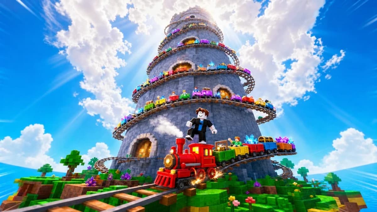 My Lucky Train featured image showing a Roblox character riding a red locomotive around a massive spiral train tower filled with colorful trains.