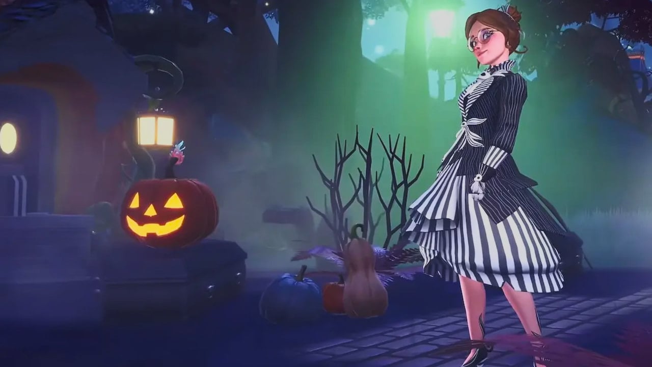 Player standing in spooky forest wearing haunting elegance star path dress in disney dreamlight valley