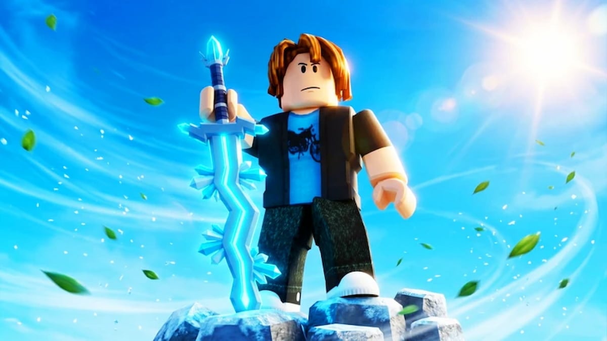 Poly Loot artwork showing a Roblox character standing on rocks while holding a glowing blue sword under a bright sky.