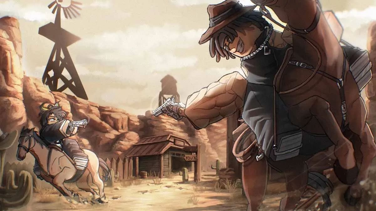 Quickdraw game artwork showing two Wild West gunslingers on horseback aiming revolvers at each other in a dusty desert town.