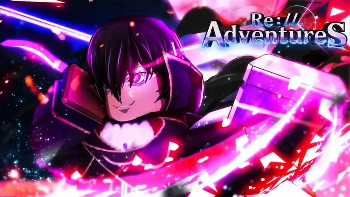 Re Adventures game artwork showing a dark-haired anime fighter surrounded by glowing purple and pink energy during an attack.