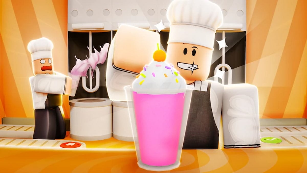Run a Freezeria featured image showing Roblox chefs preparing a bright pink frozen dessert topped with whipped cream and sprinkles.