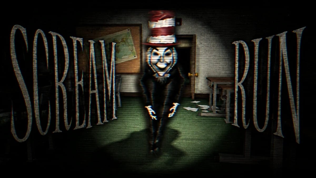 Scream and Run game artwork showing a creepy masked figure in a top hat approaching inside a dark room, with the game title displayed on both sides.