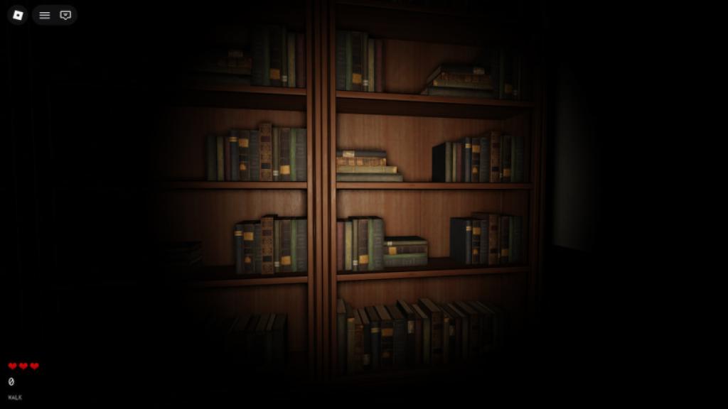 Scream and Run in-game screenshot showing a dark wooden bookshelf filled with old books inside a dimly lit room.