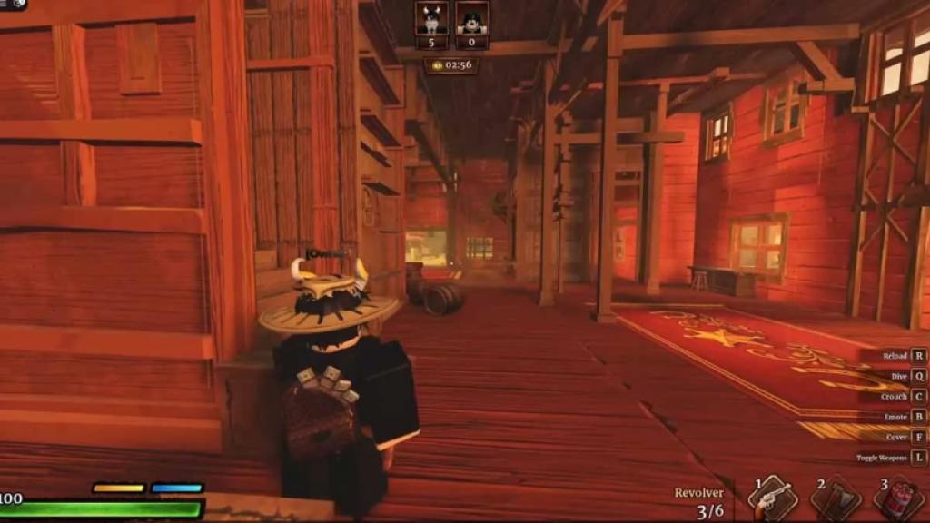 Quickdraw in-game screenshot showing a Wild West gunslinger taking cover inside a wooden saloon while holding a revolver during a match.